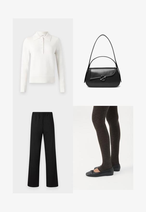 Polo en tricot à manches longues blanc avec col plat, patte de boutonnage, poignets côtelés et ourlet, fabriqué dans un tissu tricoté doux.; Pantalon droit à taille élastique noire, confectionné en tissu lisse, devant plat, sans poches apparentes ni décorations.; Jambes portant des leggings côtelés foncés associés à des ballerines noires avec de petits détails en nœud sur fond blanc.; Sac à bandoulière en cuir noir avec un rabat incurvé fermé par un fermoir métallique rond et une sangle fine et ajustable.