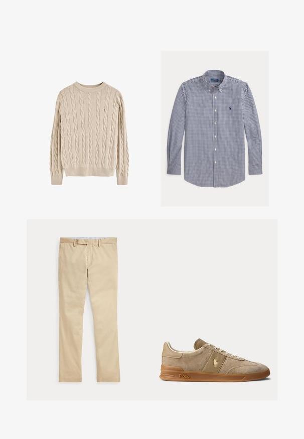 Jersey beige de punto grueso con cuello redondo, mangas largas, puños y bajo acanalados, con patrones texturizados por todo el tejido.; Camisa de manga larga con botones, con pequeño patrón de cuadros en azul marino y blanco, y logo azul marino bordado en el pecho izquierdo.; Pantalones beige de corte recto con trabillas para cinturón y cremallera frontal, colocados planos sobre un fondo blanco.; Zapatilla beige de ante y cuero con suela de goma, cordones blancos y logo Polo en el lateral y la suela.