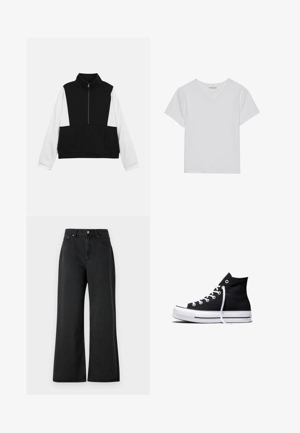 Pull noir et blanc à manches longues avec une fermeture éclair sur le devant jusqu'au milieu et un col haut, corps noir et manches blanches.; T-shirt blanc à manches courtes en V, en tissu côtelé. Présente un design épuré avec un ourlet droit et un minimum de détails.; Jeans noirs à jambes larges en denim, avec taille haute, fermeture à bouton à l'avant et texture subtile. Design épuré sans motifs visibles.; Baskets montantes en toile noire avec semelle en caoutchouc blanche et lacets blancs, vues de côté sur un fond blanc.