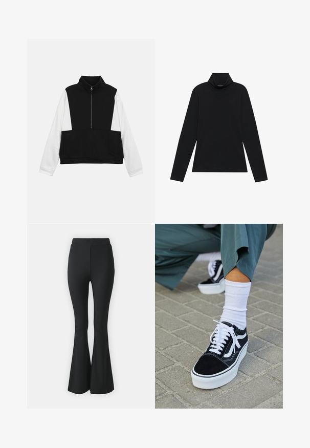 Pull noir et blanc à manches longues avec une fermeture éclair sur le devant jusqu'au milieu et un col haut, corps noir et manches blanches.; Turtleneck à manches longues noir. Tissu doux, design près du corps, col montant et coutures latérales. Style simple et polyvalent, idéal pour le superposition.; Pantalons noirs évasés en tissu extensible. Présentent une taille haute et un design lisse et ajusté qui s'évase à partir du genou.; Baskets en suède noir avec des accents et des lacets blancs, présentant une épaisse semelle blanche et des coutures contrastantes, associées à une chaussette blanche.