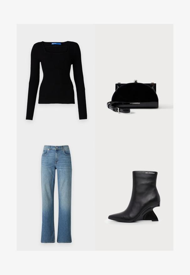 Schwarzes geripptes Strickoberteil mit langen Ärmeln, quadratischem Ausschnitt und figurbetontem Design. Das Oberteil hat einen strukturierten Stoff und keine sichtbaren Metallteile oder Akzente.; Hellblaue Denim-Jeans im Straight-Leg-Design, ausgestattet mit fünf Taschen, einem Knopfverschluss und leichter Ausbleichung für einen getragenen Look.; Schwarzer Leder-Knöchelstiefel mit geschwungenem skulptiertem Absatz und Karl Lagerfeld-Logo nahe dem oberen Rand auf weißem Hintergrund.; Schwarze, glänzende Halbmondförmige Clutch mit silbernem Rahmenverschluss und verstellbarem Riemen, vorne mit Karl Lagerfeld Logo.