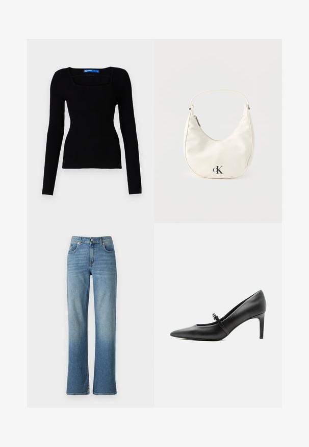 Top de punto acanalado negro de manga larga con escote cuadrado y diseño ajustado, que presenta una tela texturizada y sin hardware o acentos visibles.; Jeans de mezclilla azul claro con un diseño de pierna recta, que cuentan con cinco bolsillos, cierre de botón y un ligero desgastado para un aspecto usado.; Zapato de tacón alto de cuero negro con punta puntiaguda, con tira fina y hebilla sobre el empeine, sobre fondo claro y neutro.; Pequeño bolso blanco en forma de media luna con correa corta, cierre de cremallera y logo negro "cK" en el frente.