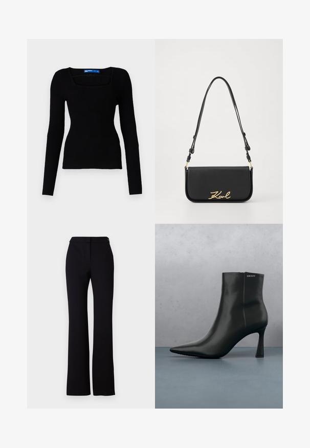 Top de punto acanalado negro de manga larga con escote cuadrado y diseño ajustado, que presenta una tela texturizada y sin hardware o acentos visibles.; Pantalones negros con corte recto, textura suave y una cinturilla con un solo botón de cierre. Sin patrones ni acentos visibles.; Botín de cuero negro con punta afilada y un tacón geométrico. Presenta un sutil branding y una textura suave. El fondo tiene baldosas con textura.; Bolsa de mano de cuero negro con diseño de solapa, que presenta un logotipo dorado de firma. Correa ajustable y textura suave. Estética minimalista.