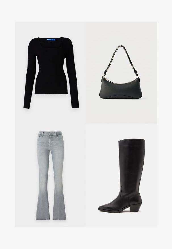 Top de punto acanalado negro de manga larga con escote cuadrado y diseño ajustado, que presenta una tela texturizada y sin hardware o acentos visibles.; Jeans acampanados en denim gris claro. De talle alto, con un ligero desvanecido de la parte superior al dobladillo. Diseño clásico de cinco bolsillos y cierre con botón metálico.; Bota de cuero negra hasta la mitad de la pantorrilla con puntera puntiaguda y tacón bajo inclinado sobre un fondo claro y liso.; Bolso de hombro de cuero negro con forma rectangular curvada, cadena dorada entrelazada en una correa negra trenzada y cierre superior con cremallera.