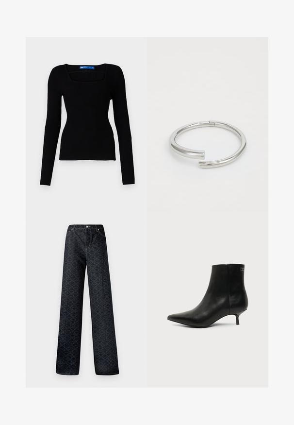 Top de punto acanalado negro de manga larga con escote cuadrado y diseño ajustado, que presenta una tela texturizada y sin hardware o acentos visibles.; Jeans de pierna ancha en azul oscuro con un patrón geométrico, fabricados en denim. Presentan un botón de metal, cremallera y costuras en los bolsillos frontales.; Botín de piel negra con puntera puntiaguda y tacón bajo estilo kitten sobre fondo claro, mostrando vista lateral exterior.; Calvin Klein SPIRAL - Pulsera - silver-coloured