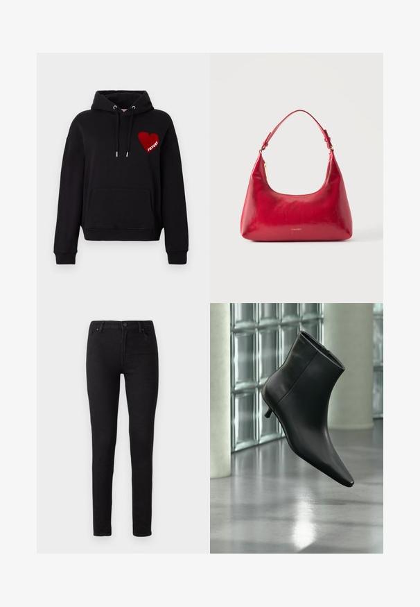 Sweat à capuche noir avec une poche avant, cordon de serrage réglable et un graphique en forme de cœur rouge avec le mot "FUTURE" en blanc. Tissu doux et texturé.; Jean skinny noirs en denim, avec un design classique à cinq poches, fermeture à bouton et texture lisse.; Bottine en cuir noir à bout pointu et petit talon kitten, présentée en angle devant un sol poli et un mur en blocs de verre.; Sac à épaule en cuir rouge avec fermeture éclair dorée et sangle réglable, logo Calvin Klein centré à l'avant.