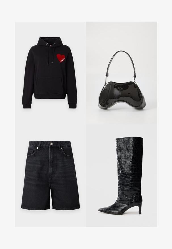 Sweat à capuche noir avec une poche avant, cordon de serrage réglable et un graphique en forme de cœur rouge avec le mot "FUTURE" en blanc. Tissu doux et texturé.; Shorts en denim noir taille haute, avec poches avant et fermeture à bouton en métal argenté. Texture lisse avec des détails de décoloration subtils.; Bottes noires montantes, avec une texture brillante à motif crocodile, bout pointu et talon effilé. Matériau synthétique lisse.; Sac à main en cuir verni noir avec une forme incurvée unique, une anse courte et ajustable, et une fermeture zippée. Texture lisse avec un branding discret.