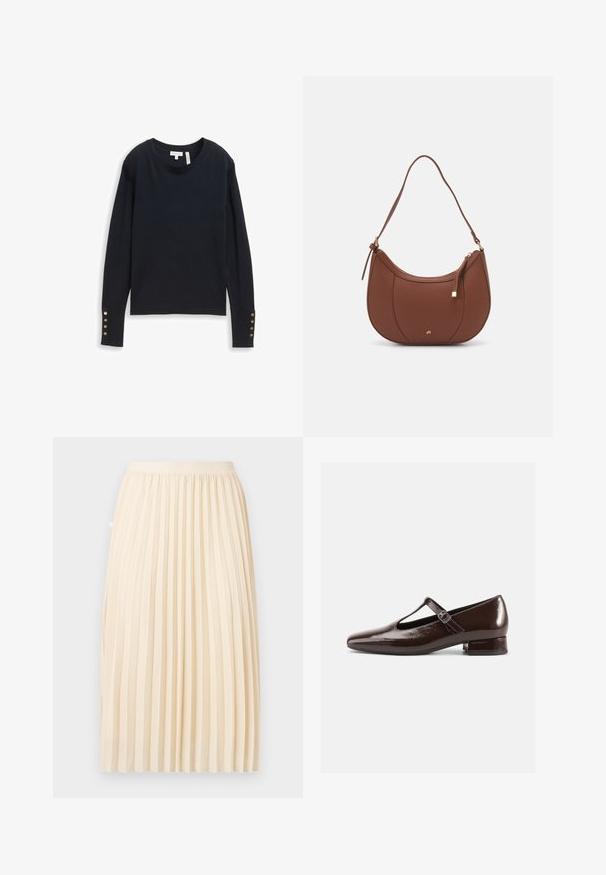 Pull en tricot bleu marine à manches longues avec un col rond et des boutons décoratifs aux poignets. Texture lisse et coupe ajustée.; Jupe midi plissée de couleur crème avec une ceinture ajustée, suspendue droite sur un fond uni.; Chaussures Mary Jane en cuir verni marron avec un bout arrondi, un design ajouré et une bride réglable. Talon bas bloc.; Sac à épaule en faux cuir brun, de forme arrondie, avec des coutures minimales et un accent en matériel doré. Il possède une fermeture zippée sur le dessus et une sangle réglable.