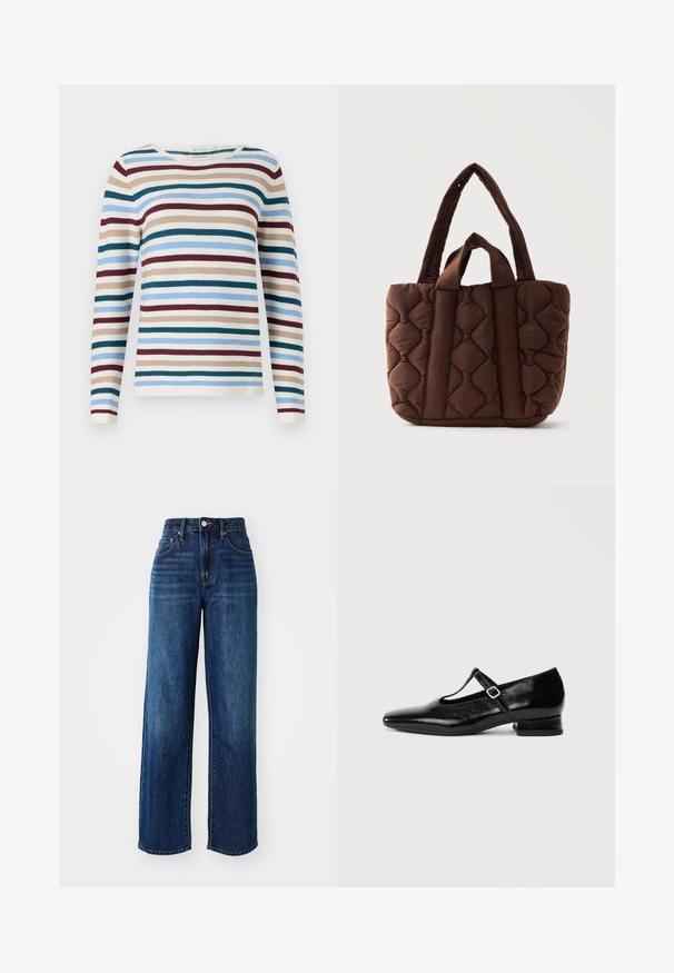 TOM TAILOR NEW OTTOMAN - Pullover - teal-colored; Jeans en denim bleu foncé avec une taille haute, un design à jambes larges, des poches avant et arrière, et une légère décoloration. Quincaillerie en métal sur la taille.; Chaussures Mary Jane en cuir noir avec bout pointu, petit talon carré et bride ajustable avec une boucle argentée. Texture lisse et brillante.; Sac cabas en tissu matelassé marron avec deux longues anses et deux courtes, présentant un motif de couture ondulé et une forme rectangulaire.
