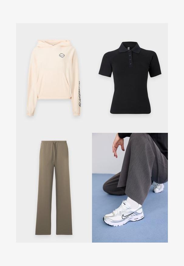 Φωτεινό ροζ cropped hoodie από απαλό ύφασμα. Διαθέτει μπροστινή τσέπη, ρυθμιζόμενο κουκούλι και μαύρη γραφική λεπτομέρεια στο αριστερό μανίκι.; Μαύρο πόλο μπλουζάκι με κοντά μανίκια, ριμπ γιακά και πέντε κουμπιά στον μπροστινό μέρος. Διαθέτει απαλό, ελαστικό ύφασμα.; Ελαιόχρωμο, παντελόνια με φαρδιά πόδια κατασκευασμένα από μαλακό ύφασμα, με ελαστική μέση και κορδόνι, χωρίς ορατές τσέπες.; Λευκά και ασημί αθλητικά παπούτσια με δίχτυ και συνθετικά υλικά, που διαθέτουν μαύρες λεπτομέρειες, κορδόνια και υφασμάτους σόλες.