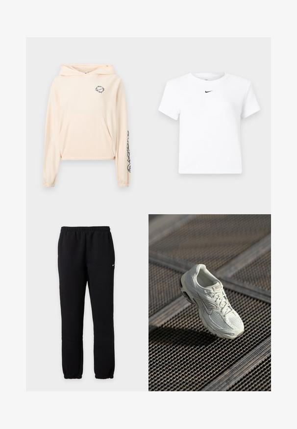 Φωτεινό ροζ cropped hoodie από απαλό ύφασμα. Διαθέτει μπροστινή τσέπη, ρυθμιζόμενο κουκούλι και μαύρη γραφική λεπτομέρεια στο αριστερό μανίκι.; Λευκό κοντομάνικο cropped T-shirt της Nike με μικρό μαύρο λογότυπο Nike Swoosh στο κέντρο κάτω από τη λαιμόκοψη.; Μαύρο παντελόνι φόρμας Nike με ελαστική μέση και μανσέτες, με μικρό λευκό λογότυπο Nike swoosh στον αριστερό μηρό.; Άσπρο αθλητικό παπούτσι Nike για τρέξιμο με δικτυωτό και συνθετικό επάνω μέρος, τοποθετημένο σε μεταλλική σχάρα δαπέδου υπό απαλό φυσικό φως.