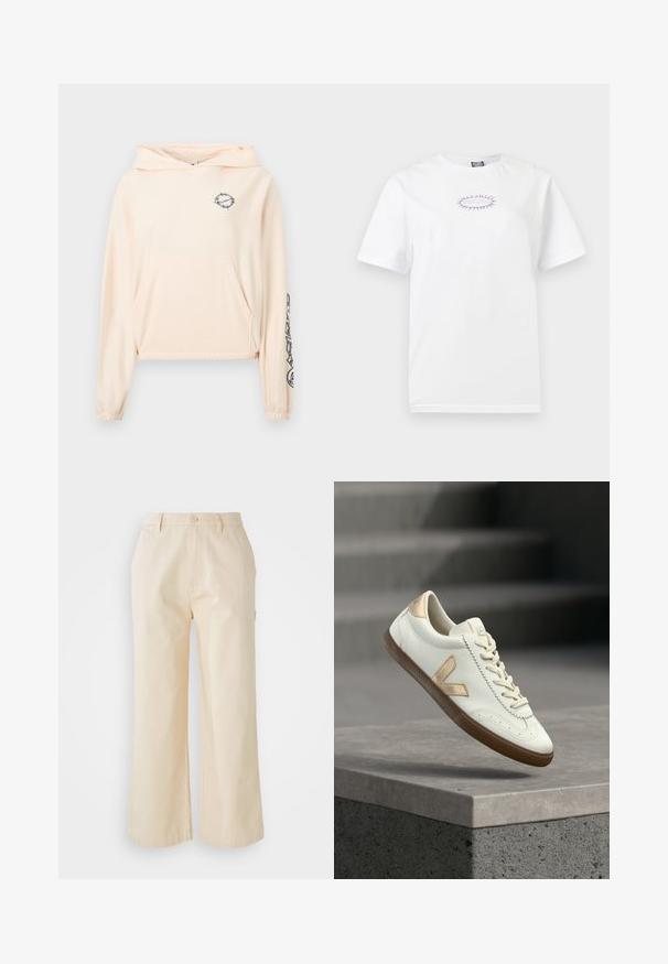 Φωτεινό ροζ cropped hoodie από απαλό ύφασμα. Διαθέτει μπροστινή τσέπη, ρυθμιζόμενο κουκούλι και μαύρη γραφική λεπτομέρεια στο αριστερό μανίκι.; Λευκό μπλουζάκι με κοντά μανίκια, με μικρό μοβ κυκλικό σχέδιο και το κείμενο "INDISPENSABLE" στο κέντρο του στήθους σε απλό φόντο.; Ανοιχτό μπεζ παντελόνι σε φαρδιά γραμμή από βαμβάκι με λεία υφή, διαθέτοντας κουμπί μπροστά και πλευρικές τσέπες.; Λευκό δερμάτινο αθλητικό παπούτσι με χρυσές λεπτομέρειες, υφασμένη λαστιχένια σόλα και κλασικά κορδόνια. Στην πλευρά υπάρχει το χαρακτηριστικό λογότυπο 'V' σε καφέ απόχρωση.
