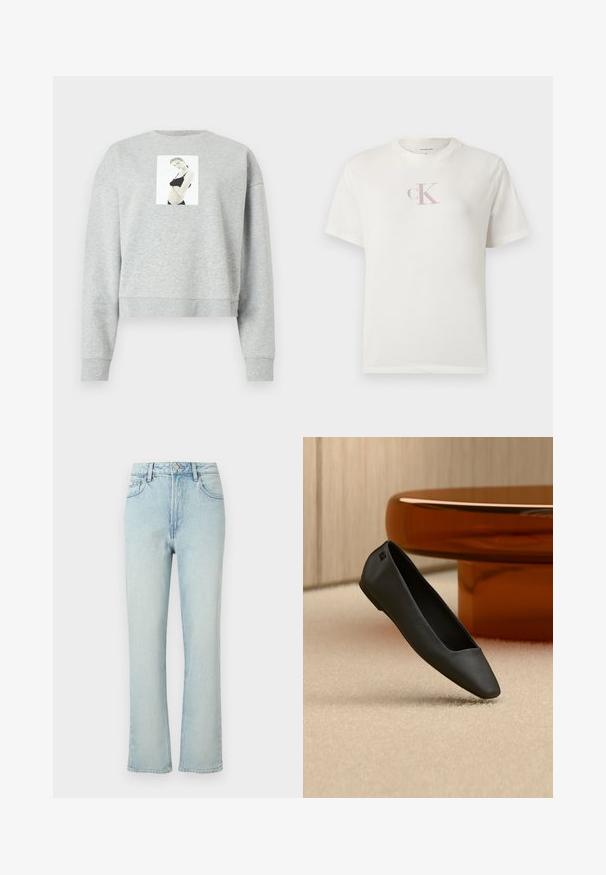 Grå cropped sweatshirt lavet af blødt stof, med et frontfotografisk tryk centreret på brystet. Ribstrikkede manchetter og halsudskæring.; Hvid kortærmet bomuldst-shirt med en lille lyserød "CK"-logo på brystet og en klassisk rund halsudskæring. Blød tekstur.; Lyseblå jeans med høj talje og lige ben, med forreste knap, bæltestropper og klassisk femlomme design mod en ensfarvet baggrund.; Sort spids flad sko, der hviler på en beige tæppe nær et rundt ravfarvet bord i en minimalistisk rumindretning.