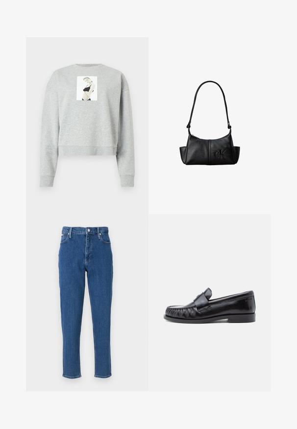 Grå cropped sweatshirt lavet af blødt stof, med et frontfotografisk tryk centreret på brystet. Ribstrikkede manchetter og halsudskæring.; Blå denim jeans med høj talje, lynlås, fem lommer, lige ben og en diskret fadet tekstur, samt en ren sømfinish.; Sorte læderloafers med rundet tå, karakteristisk syning og en dekorativ rem over vampen. Glat finish og lav hæl.; Sort læder skuldertaske med lang rem, sidelommer og præget Calvin Klein-logo på fronten.