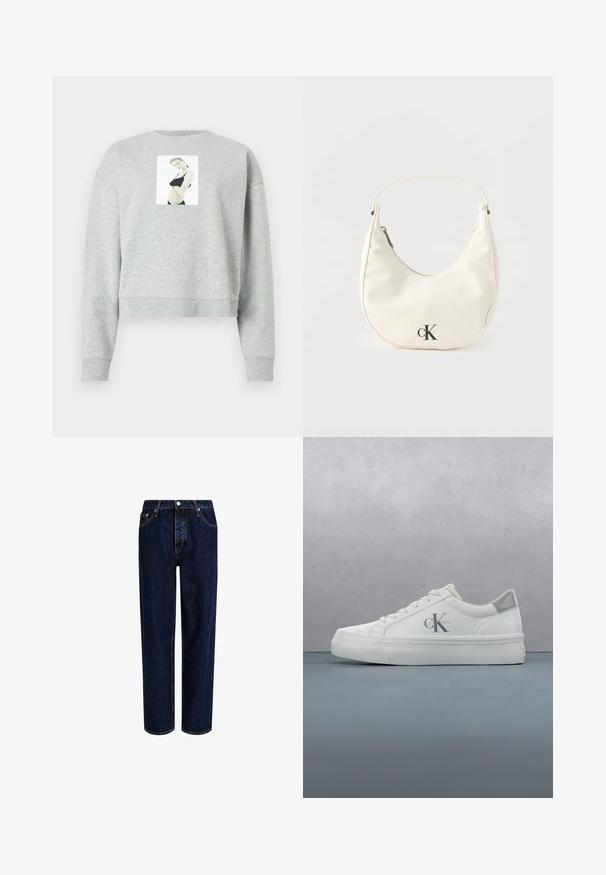 Sweatshirt gris coupé en tissu doux, avec un imprimé photographique sur le devant centré sur la poitrine. Manches et col côtelés.; Jeans en denim bleu foncé avec une coupe droite, dotés d'une taille haute, d'un style à cinq poches et de coutures contrastantes. Sans embellissements.; Baskets en cuir blanc avec une semelle plate, présentant un subtil accent gris au talon et un logo 'CK' bien en vue sur le côté.; Petit sac à main blanc en forme de croissant avec une courte bandoulière, fermeture éclair et logo "cK" noir sur le devant.