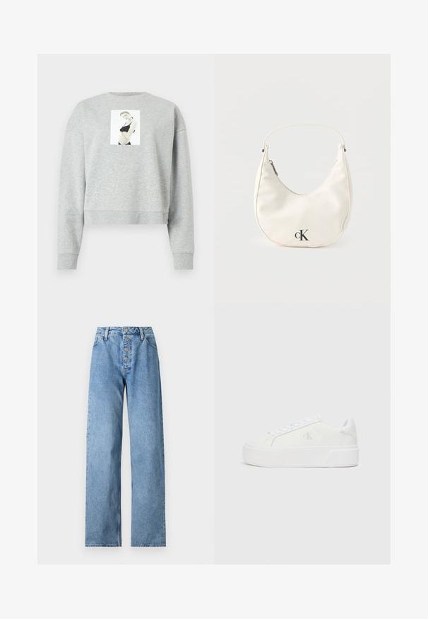 Grå cropped sweatshirt lavet af blødt stof, med et frontfotografisk tryk centreret på brystet. Ribstrikkede manchetter og halsudskæring.; Lyseblå denimjeans med højt liv, bred benåbning, fem-knaps lukning og bæltestropper. Stoffet har en glat tekstur med minimal falming.; Hvide platform sneakers med en glat læderoverdel, rund tå, hvide snørebånd og diskret logo-detalje på siden. Flad gummisål.; Lille hvid halvmåneformet håndtaske med kort rem, lynlås og sort "cK"-logo foran.
