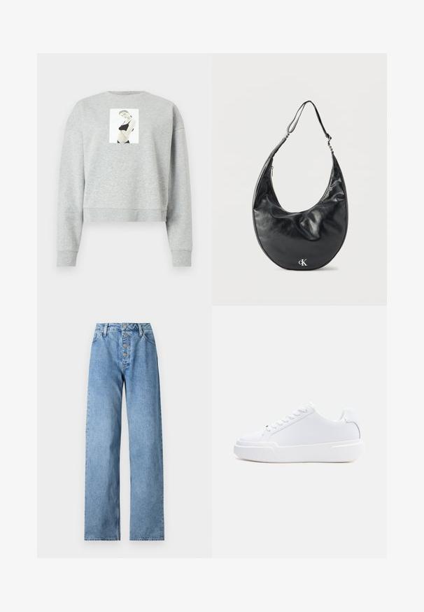 Grå cropped sweatshirt lavet af blødt stof, med et frontfotografisk tryk centreret på brystet. Ribstrikkede manchetter og halsudskæring.; Lyseblå denimjeans med højt liv, bred benåbning, fem-knaps lukning og bæltestropper. Stoffet har en glat tekstur med minimal falming.; Hvid lavtop-sneaker med snørelukning, tyk sål og glat overdel, vist fra ydersiden mod en ensartet lys baggrund.; Sort læder skuldertaske i halvmåneform med justerbar rem og sølvfarvet "cK"-logo foran, mod hvid baggrund.