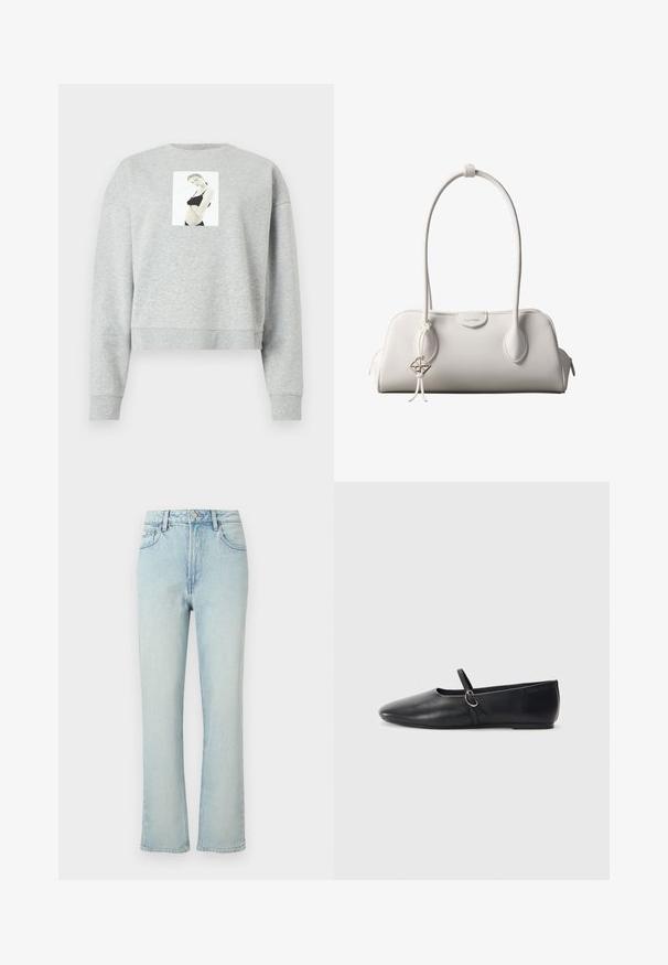 Grauer, kurzer Sweatshirt aus weichem Material, mit einem zentral auf der Brust platzierten, fotografischen Druck. Rippbündchen an den Ärmeln und am Halsausschnitt.; Hellblaue Jeans mit hoher Taille und geradem Bein, vorne mit Knopf, Gürtelschlaufen und klassischem Fünf-Taschen-Design auf einfarbigem Hintergrund.; Schwarze Leder-Ballettschuhe mit spitzem Schuhzeug, flacher Sohle und einem kleinen Riemen mit silberner Schnalle.; Weiße Calvin Klein Schultertasche mit langen Griffen, rechteckiger Form, Reißverschluss und dekorativem Logo-Anhänger, der in der Nähe des Griffs hängt.