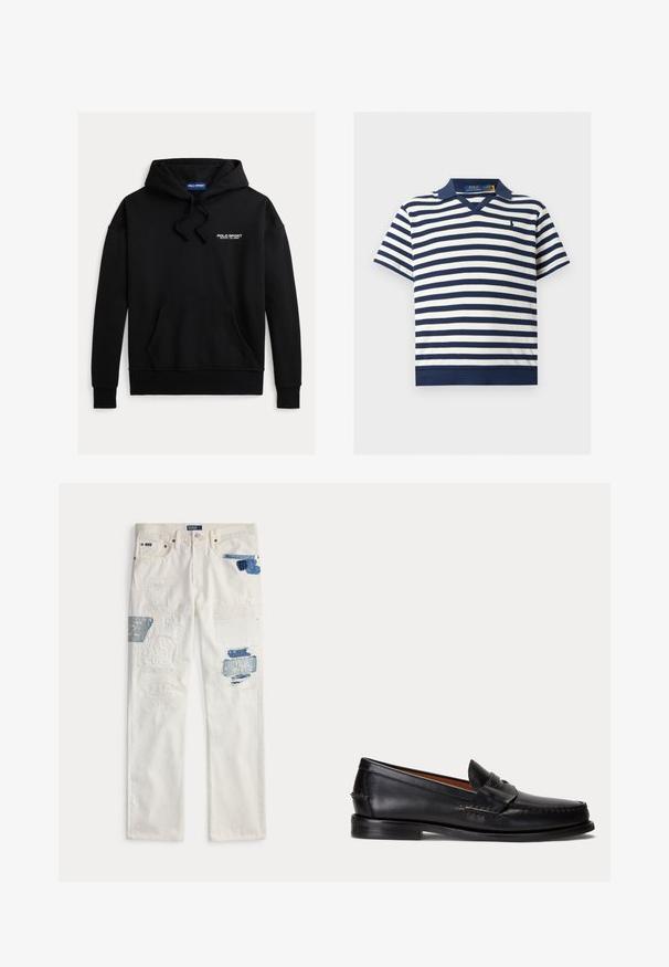 Sort sweatshirt med hætte og en forlommer foran. Teksten "POLO SPORT" i hvid øverst til venstre. Fremstillet af blødt stof.; Kortærmet polo-skjorte i marineblåt og hvidt med vandrette striber, med krave og lille broderet logo på venstre bryst.; Hvide denimjeans med flere falmede blå og hvide lap-detajler på forsiden af lårene og knæene, fem-lomme stil, lige ben.; Sort læderloafer med lav hæl og pennyremdetalje, vist fra siden på en lysegrå baggrund.