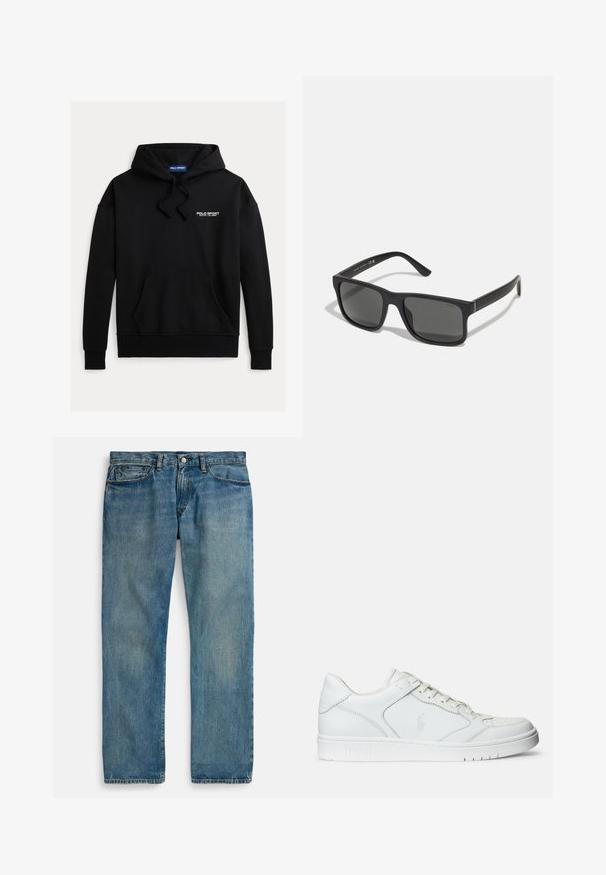 Sort sweatshirt med hætte og en forlommer foran. Teksten "POLO SPORT" i hvid øverst til venstre. Fremstillet af blødt stof.; Lyseblå denimjeans med lige ben, der har fem lommer, lukning med knap og diskret falmet effekt for tekstur.; Hvide lædersneakers med en glat tekstur, der har en perforeret tå, snørebåndslukning og broderet logo på siden. Hvid gummisål.; Sorte rektangulære solbriller med mørke linser og mat finish. Har et præget "POLO"-logo på stængerne og et robust rammedesign.