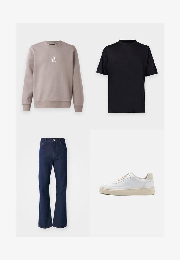 Sweatshirt gris en tissu doux, avec un col rond, des manches longues et un petit logo blanc sur la poitrine.; T-shirt noir à manches courtes avec un col montant, confectionné dans un tissu lisse et léger, présentant un design minimaliste sans motifs ni accents.; Jeans évasés de couleur bleu foncé en denim. Comprend cinq poches, une fermeture éclair à l'avant et un bouton métallique. Accents de couture classique.; Sneaker blanche avec un dessus en cuir lisse, des lacets beige et un onglet de talon en daim beige texturé. Semelle surélevée pour une hauteur supplémentaire.