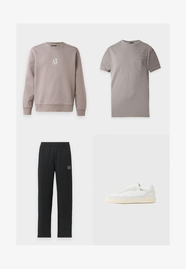 Grauer Pullover aus weichem Material mit Rundhalsausschnitt, langen Ärmeln und kleinem weißen Logo auf der Brust.; Graues T-Shirt mit kurzen Ärmeln und einem kleinen EA7 Emporio Armani Logo-Patch auf der oberen linken Brust.; Schwarze Sweatpants mit geradem Bein, elastischem Bund und schwarzem Patch-Logo auf dem oberen linken Oberschenkel.; Weißer Sneaker mit strukturiertem Obermaterial aus Wildleder und Leder. Verfügt über eine runde Zehenpartie, Schnürverschluss und eine kontrastierende beige Gummisohle.