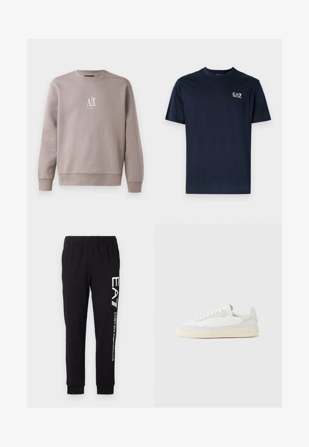 Sweatshirt gris en tissu doux, avec un col rond, des manches longues et un petit logo blanc sur la poitrine.; T-shirt en coton bleu marine à manches courtes, col rond, avec le logo EA7 en blanc sur le côté supérieur gauche. Texture lisse, design décontracté.; Pantalons de survêtement noirs fabriqués en tissu extensible. Dotés d'une taille élastique, de poignets resserrés et d'un marquage blanc sur la jambe gauche.; Baskets blanches avec dessus en daim et cuir texturé. Caractérisées par un bout arrondi, une fermeture à lacets et une semelle en caoutchouc beige contrastante.