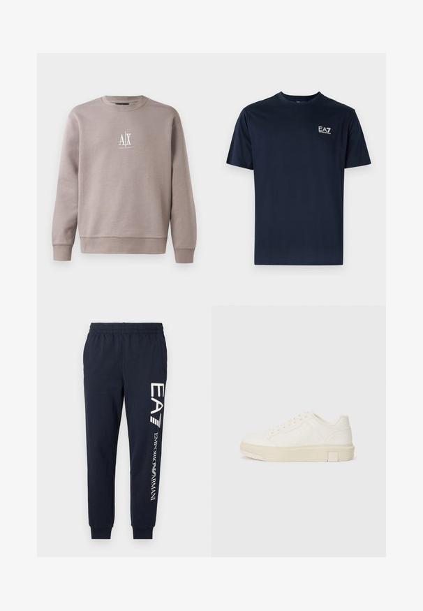 Sweatshirt gris en tissu doux, avec un col rond, des manches longues et un petit logo blanc sur la poitrine.; T-shirt en coton bleu marine à manches courtes, col rond, avec le logo EA7 en blanc sur le côté supérieur gauche. Texture lisse, design décontracté.; Jogging en coton bleu marine avec une taille élastique, des jambes fuselées et des logos EA7 et Emporio Armani en blanc contrastant imprimés sur le côté.; Baskets blanches avec une tige texturée, bout rond et semelle plate en caoutchouc. Présente un branding discret sur le côté et des accents surélevés au niveau du talon.