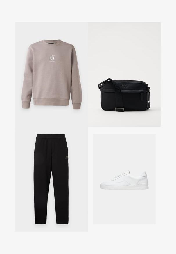 Sweatshirt gris en tissu doux, avec un col rond, des manches longues et un petit logo blanc sur la poitrine.; Pantalons de survêtement noirs ajustés avec taille élastique et petit logo imprimé sur la cuisse supérieure gauche.; Baskets basses blanches avec un design à lacets, dessus en cuir lisse et semelle épaisse, montrées de profil sur un fond uni.; Sac à bandoulière en nylon noir avec une sangle contrastante, une forme rectangulaire élégante, un détail de logo et une poche zippée à l'avant.