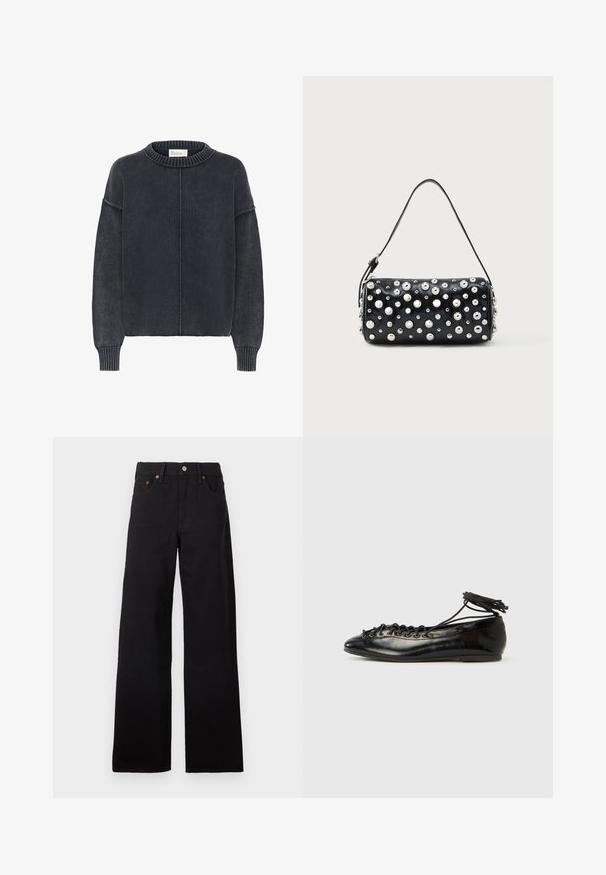 Mørkegrå, tekstureret sweater med rund hals og lange ærmer, der har en central søm nedad foran. Klassisk, afslappet stil.; Sorte højtaljede vidde-ben jeans med knap og lynlås foran, bæltestropper og fem-lommer design på en ensfarvet baggrund.; Sorte balletflade sko i laklæder med rundet tå, snørelukning og flad sål. Glat tekstur med få detaljer.; Sort læderhåndtaske med rund form, dekoreret med sølvnitter. Har en aftagelig rem og lynlås. Glat tekstur.