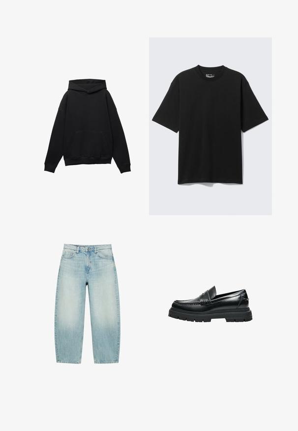Sweat à capuche noir en tissu doux avec une poche frontale, silhouette surdimensionnée et cordon de serrage. Caractéristiques des poignets et un ourlet côtelés.; T-shirt noir en coton à manches courtes et coupe décontractée, col rond, présenté sur un fond clair uni.; Jean en denim bleu clair taille haute à jambes larges avec bouton devant, fermeture éclair, passants de ceinture et deux poches avant.; Mocassin en cuir noir avec semelle épaisse à crampons et détail de bride penny, vu de profil sur fond blanc.