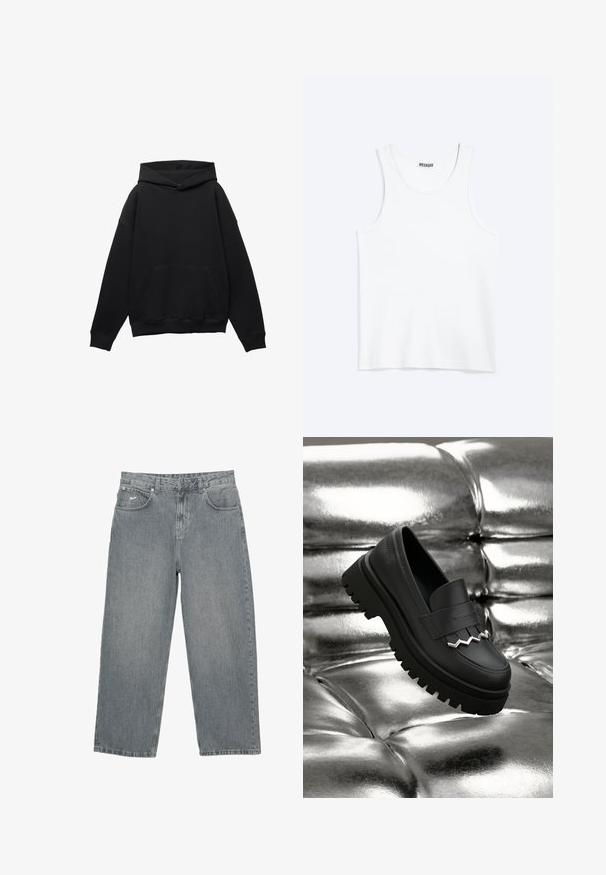 Sweat à capuche noir en tissu doux avec une poche frontale, silhouette surdimensionnée et cordon de serrage. Caractéristiques des poignets et un ourlet côtelés.; Débardeur blanc sans manches avec col rond et étiquette de la marque Weekday à l'intérieur du col arrière, présenté à plat sur un fond clair.; Pantalon en denim gris clair avec coupe droite, cinq poches et braguette à boutons. Présente un logo discret sur la ceinture avant.; Mocassin en cuir noir avec une semelle épaisse et texturée. Présente un accent décoratif argenté en zigzag à l'avant. Placé sur un fond argenté brillant.