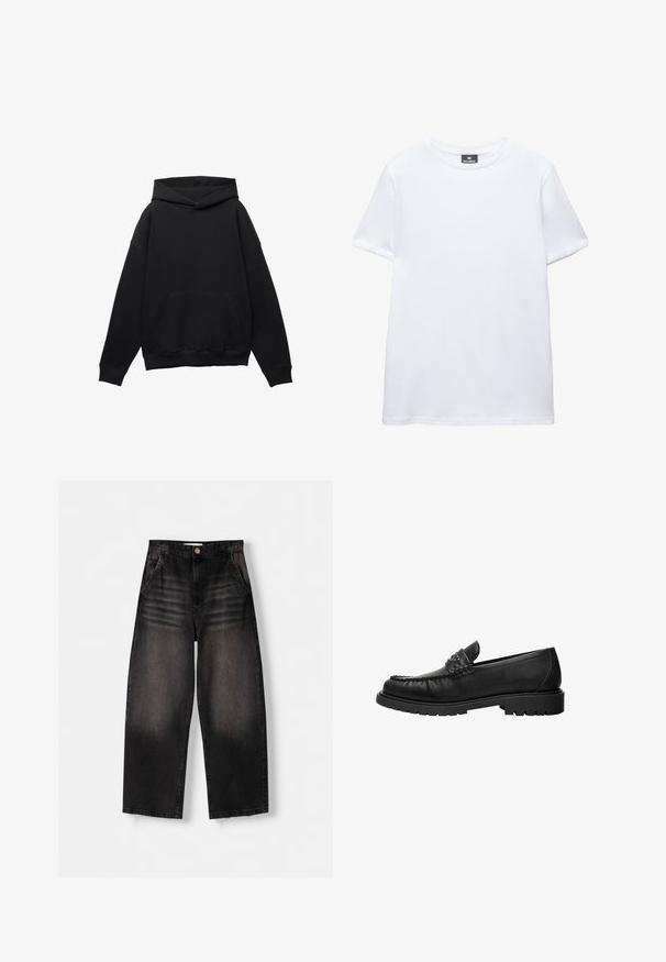 Sweat à capuche noir en tissu doux avec une poche frontale, silhouette surdimensionnée et cordon de serrage. Caractéristiques des poignets et un ourlet côtelés.; T-shirt blanc uni en coton à manches courtes avec col rond et étiquette noire de la marque Pull&Bear à l’intérieur du col.; Jeans en denim noir à jambe large avec un design délavé, dotés de cinq poches, d'une fermeture à bouton et de détails de whiskering subtils sur le devant.; Mocassin en cuir noir avec dessus cousu, détail de bride cloutée et semelle épaisse à crampons, présenté en profil latéral sur fond blanc.
