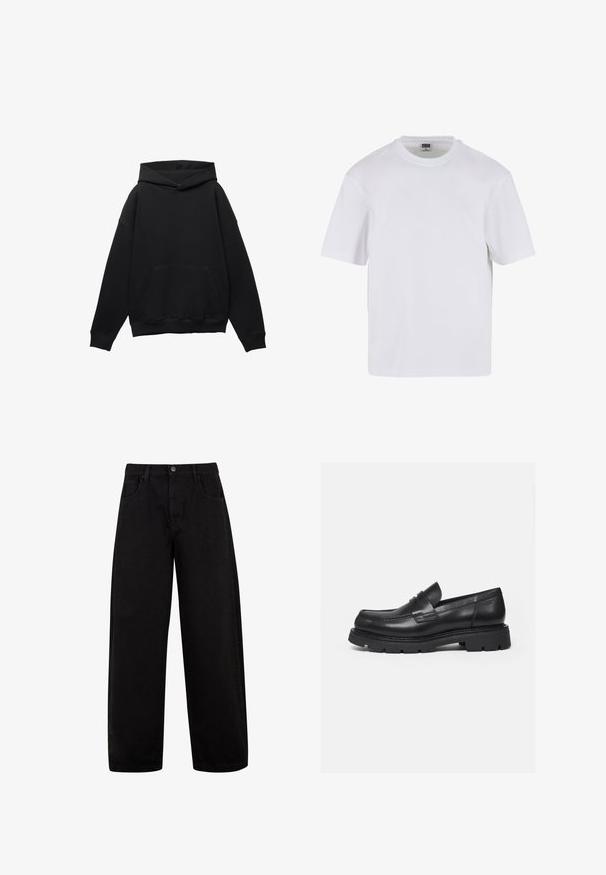 Zwarte hoodie gemaakt van zacht materiaal met een voorkant zak, oversized silhouet, en een capuchon met trekkoord. Voorzien van ribgebreide manchetten en zoom.; Witte kraagloze t-shirt met korte mouwen, gemaakt van katoen. Heeft een ronde halslijn en een losse pasvorm. Soepele textuur, minimalistisch ontwerp, geen patronen of accenten.; Zwarte wijde jeans van denim, met voorzakken, een knoopsluiting en een strak, minimalistisch ontwerp zonder zichtbare patronen.; Zwarte leren loafer met dikke geribbelde zool en pennyriemdetail, getoond in rechter zijprofiel op witte achtergrond.