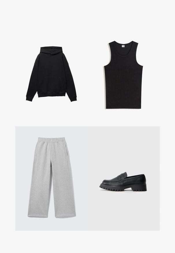 Sweat à capuche noir en tissu doux avec une poche frontale, silhouette surdimensionnée et cordon de serrage. Caractéristiques des poignets et un ourlet côtelés.; Débardeur noir en coton, doté d'un col rond et d'une coupe sans manches. Texture lisse sans motifs ni accents visibles.; Pantalon de survêtement gris clair à jambes larges avec taille élastique et poches latérales, présenté sur un fond uni.; Mocassins en cuir noir avec un bout arrondi, présentant une sangle décorative et une semelle en caoutchouc épaisse avec de profonds crampons pour une meilleure adhérence.