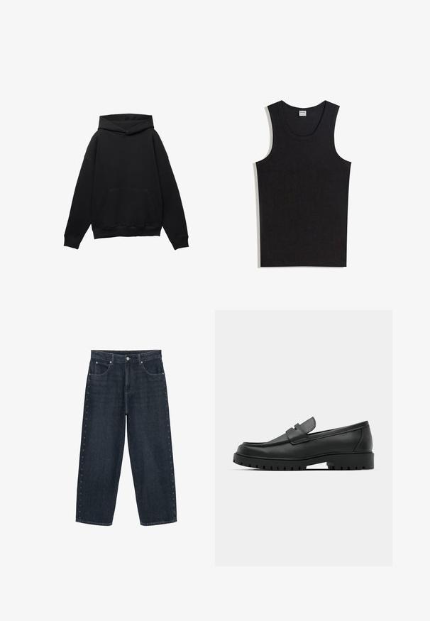 Zwarte hoodie gemaakt van zacht materiaal met een voorkant zak, oversized silhouet, en een capuchon met trekkoord. Voorzien van ribgebreide manchetten en zoom.; Zwart katoenen tanktop met een ronde halslijn en zonder mouwen. Gladde textuur zonder zichtbare patronen of accenten.; Donkere blauw wijde jeans met steekzakken aan de voorkant, knoopsluiting en kleine stervormige versieringen langs de buitennaad van beide pijpen.; Zwarte leren instappers met een ronde neus, voorzien van een gestikt ontwerp, een lage platformzool en een gestructureerde, grof rubberen buitenzool.