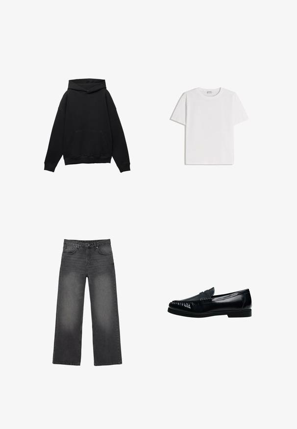 Sweat à capuche noir en tissu doux avec une poche frontale, silhouette surdimensionnée et cordon de serrage. Caractéristiques des poignets et un ourlet côtelés.; T-shirt en coton blanc avec un col rond et des manches courtes. Présente une coupe classique et carrée, sans motifs ni accents visibles.; Jean noir délavé à jambes larges avec cinq poches, fermeture par bouton et passants pour ceinture, présenté sur un fond blanc.; Mocassin penny loafer pour homme en cuir noir avec bout moc cousu et petit talon, présenté de profil sur fond blanc.