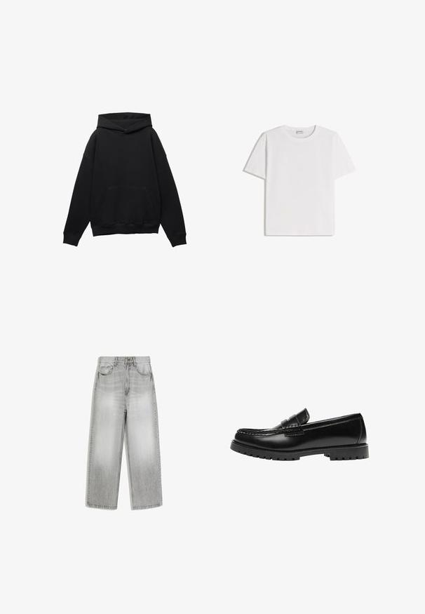 Sweat à capuche noir en tissu doux avec une poche frontale, silhouette surdimensionnée et cordon de serrage. Caractéristiques des poignets et un ourlet côtelés.; T-shirt en coton blanc avec un col rond et des manches courtes. Présente une coupe classique et carrée, sans motifs ni accents visibles.; Jean gris clair à jambes larges, taille haute, bouton devant, fermeture éclair et design à cinq poches, présenté à plat sur fond blanc.; Mocassin en cuir noir avec une semelle en caoutchouc épaisse et un détail classique de bride à monnaie, vu de côté extérieur.
