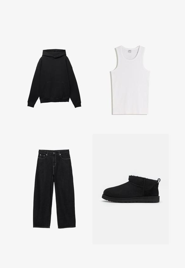 Sweat à capuche noir en tissu doux avec une poche frontale, silhouette surdimensionnée et cordon de serrage. Caractéristiques des poignets et un ourlet côtelés.; Débardeur blanc en coton avec un col rond et de larges bretelles. Texture lisse, sans motifs ni accents, design simple.; Jean en denim noir à jambes larges avec poches avant, passants pour ceinture et fermeture par bouton.; Bottines noires en daim avec une doublure douce et texturée, une semelle en caoutchouc basse et une languette à l'arrière pour un enfilage facile.