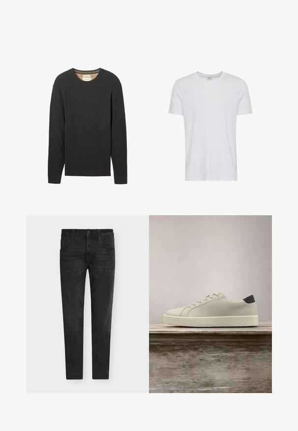 Schwarzer gerippter Pullover mit Rundhalsausschnitt und langen Ärmeln. Texturierter Stoff und ein Etikett sind am Ausschnitt sichtbar.; Schlichtes weißes T-Shirt mit kurzen Ärmeln und Rundhalsausschnitt, präsentiert auf weißem Hintergrund, mit einem kleinen Nackenetikett, das die Marke „Solid“ zeigt.; Schwarze Slim-Fit-Denim-Jeans mit vorderer Knopfleiste, Gürtelschlaufen und Fünf-Taschen-Design, präsentiert auf weißem Hintergrund.; Weißer Sneaker mit strukturierter Sohle und schwarzem Absatzdetail, schwebend über einer Holzbank mit hohem grünem Gras im Hintergrund.