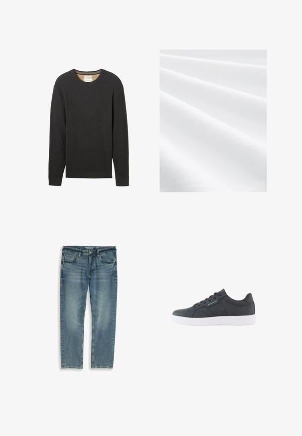 Schwarzer gerippter Pullover mit Rundhalsausschnitt und langen Ärmeln. Texturierter Stoff und ein Etikett sind am Ausschnitt sichtbar.; Weißer Stoff mit glatter Textur, der weiche Falten und einen subtilen Glanz aufweist. Das Material wirkt leicht und vielseitig für verschiedene Verwendungen.; Blaue Jeans aus Denim mit fünf Taschen, Reißverschluss, Knopfverschluss und lockerer Passform in Größe 32/32, flach auf weißem Hintergrund liegend.; Schwarzer Sneaker mit niedrigem Schaft, weißer Sohle, Schnürung vorne und dezentem "Tom Tailor" Branding an der Seite und Zunge.