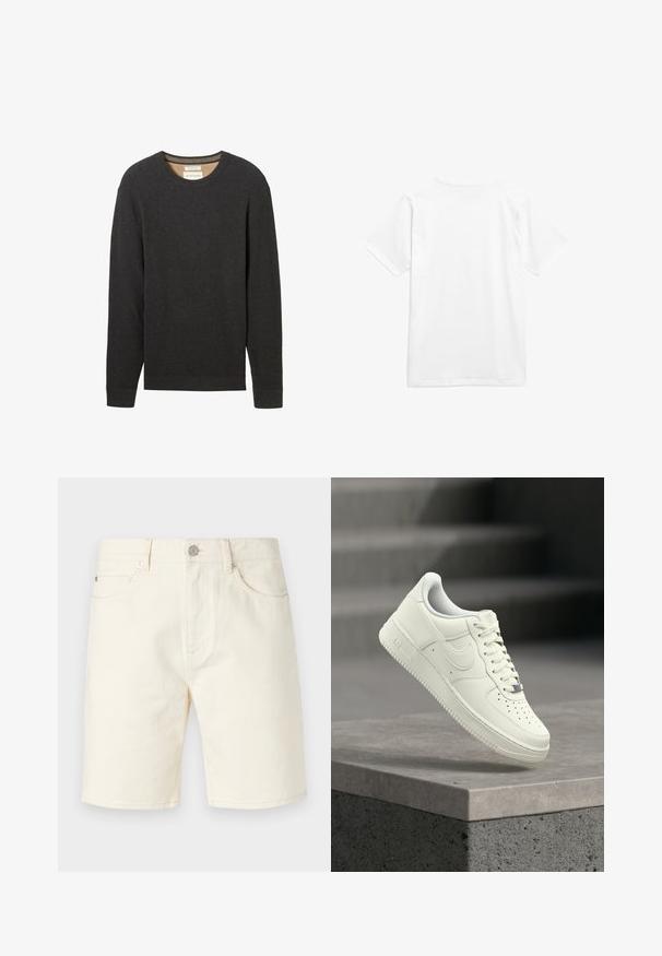 Sort ribbestrikket sweater med rund hals og lange ærmer. Teksturstof og et mærke synligt ved halsudskæringen.; Hvid bomulds t-shirt med korte ærmer og rund halsudskæring. Stoffet ser glat ud uden mønstre eller synlig hardware.; Lys beige denim shorts med klassisk skæring, der har frontendepoker, bæltesløjfer og knaplukning. Glat tekstur med ensfarvet farve.; Hvid lædersneaker med lavprofildesign, tekstureret overflade, perforeringer på tåen og sølvfarvede detaljer på snørebånd og mærkning.