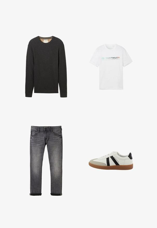 Sort ribbestrikket sweater med rund hals og lange ærmer. Teksturstof og et mærke synligt ved halsudskæringen.; Hvid bomulds t-shirt med rund hals, korte ærmer og fronttryk: "TOM TAILOR" med "ESSENTIALS SINCE NINETEEN SIXTY-2."; Grå denim jeans med en lige pasform, der har en klassisk fem-lomme stil, ophøjede manchetter og subtilt slid i stoffet.; Hvid lavsko med beige tåhætte, sorte diagonale striber, gummisål og Tom Tailor-mærke på siden og hælen.