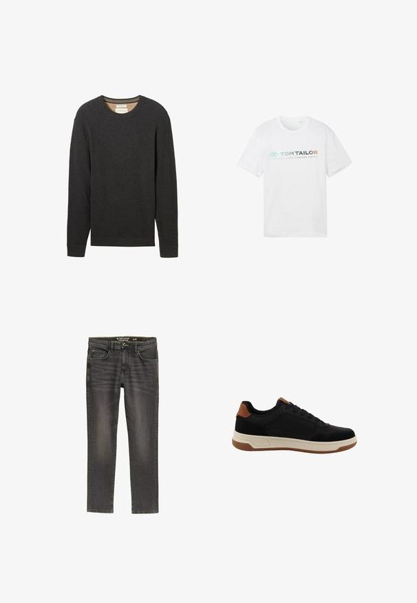 Pull noir à côtes avec un col rond et des manches longues. Tissu texturé et une étiquette visible au niveau du col.; T-shirt en coton blanc avec un col rond, des manches courtes et une impression sur le devant : "TOM TAILOR" avec "ESSENTIALS SINCE NINETEEN SIXTY-2."; Jeans en denim gris foncé avec une coupe régulière. Comprend cinq poches, une fermeture éclair et un léger délavage sur le tissu pour ajouter de la texture.; Baskets basses noires avec des accents marron sur le talon et la languette, une semelle intermédiaire blanche et une semelle extérieure en caoutchouc marron, présentées en profil.
