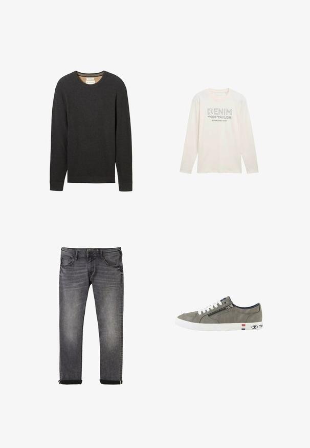 Pull noir à côtes avec un col rond et des manches longues. Tissu texturé et une étiquette visible au niveau du col.; Chemise à manches longues couleur crème clair avec un col rond, présentant un logo imprimé en gris portant l'inscription "DENIM TOM TAILOR ÉTABLI EN 2007."; Jean en denim gris avec une coupe droite, présentant un style classique à cinq poches, des ourlets retroussés et une légère décoloration sur le tissu.; Baskets basses grises avec lacets blancs, fermeture éclair latérale et semelle blanche ornée de rayures rouges, blanches et bleues ainsi que du logo Tom Tailor.