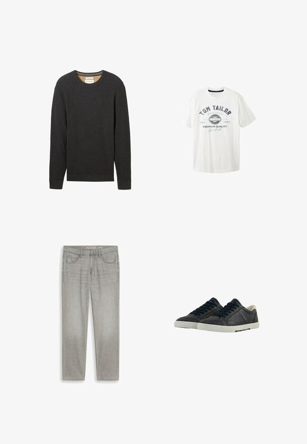 Schwarzer gerippter Pullover mit Rundhalsausschnitt und langen Ärmeln. Texturierter Stoff und ein Etikett sind am Ausschnitt sichtbar.; Weißes Baumwoll-T-Shirt mit Rundhalsausschnitt, kurzen Ärmeln und einem Frontgrafikdruck in Schwarz und Blau mit dem Markennamen "Tom Tailor."; Hellgraue Jeans mit geradem Bein, Vordertaschen, Gürtelschlaufen und Knopfverschluss, flach auf weißem Hintergrund liegend.; Marineblaue Leder-Sneaker mit weißen Gummisohlen, runder Spitze und schwarzen Schnürsenkeln. Subtile Texturen und Branding an den Seiten. Lässiges Design.