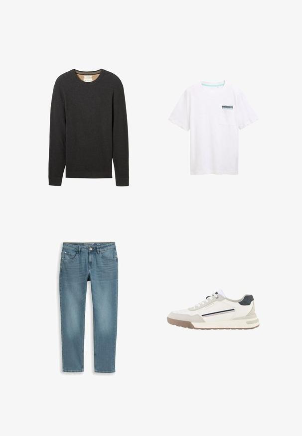 Schwarzer gerippter Pullover mit Rundhalsausschnitt und langen Ärmeln. Texturierter Stoff und ein Etikett sind am Ausschnitt sichtbar.; Weißes Baumwoll-T-Shirt mit kurzen Ärmeln, ausgestattet mit einer Tasche mit einem blau-weißen Etikett. Glatte Textur und lockere Passform.; Hellblaue Jeans aus Denim mit Vordertaschen, Gürtelschlaufen, Knopfverschluss und subtilen Verblassungen an Oberschenkeln und Knien.; Weißer und beiger Sneaker mit weißen Schnürsenkeln, brauner Sohle, schwarzem Fersen-Patch und seitlichen Streifendetails in Marine und Rot.