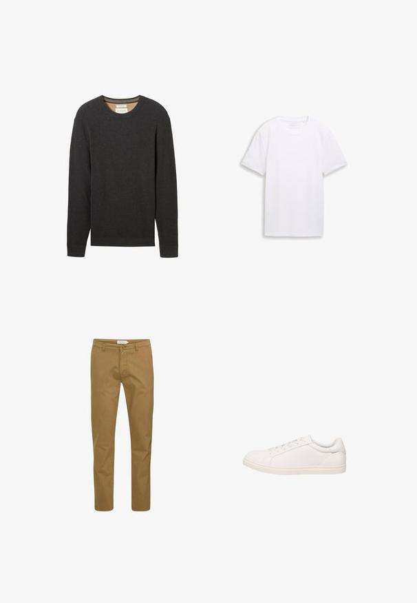 Sort ribbestrikket sweater med rund hals og lange ærmer. Teksturstof og et mærke synligt ved halsudskæringen.; Almindelig hvid T-shirt med korte ærmer og rund hals lagt fladt ud mod en hvid baggrund.; Brune bomuldsbukser med lige ben, der har en frontknaplukning og standard bælteløkker. Glat tekstur med minimal dekoration.; Hvid lavt sneakersko med snørelukning og flad sål, vist i sideprofil på hvid baggrund.