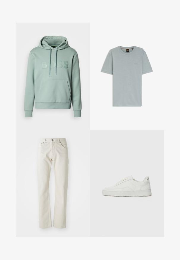 Sweat à capuche vert clair avec poche kangourou, capuche à cordon et logo "BOSS" en relief sur le devant. Comprend des poignets et un ourlet côtelés.; T-shirt gris clair à manches courtes et col rond avec petit logo embossé "BOSS" sur la poitrine et étiquette noire au niveau du col.; Jeans beige clair en coton, avec une coupe droite, un style à cinq poches et une fermeture à bouton en métal argenté.; Baskets en cuir blanc avec une finition lisse, bout arrondi, lacets plats et semelle texturée. Présente un logo discret sur le talon.