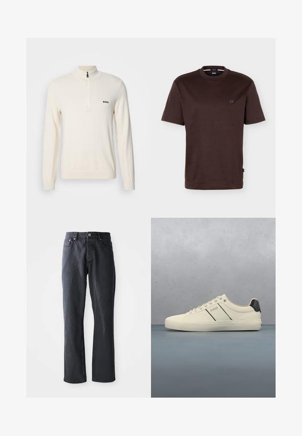 Suéter de punto beige claro con un cuello alto y medio zíper, que presenta un pequeño logo negro en el lado izquierdo del pecho y puños acanalados.; Camiseta lisa de color marrón oscuro, de manga corta y cuello redondo, con un pequeño logo circular en el pecho izquierdo y una etiqueta negra de la marca en la costura lateral.; Jeans de denim gris oscuro con un diseño de pierna recta, estilo de cinco bolsillos, cierre frontal con botón y cremallera, y detalles de costura en contraste.; Zapatillas de color crema con una textura suave, que presentan acentos y marcas en negro. Diseño clásico de cordones con punta redonda y suela de goma.